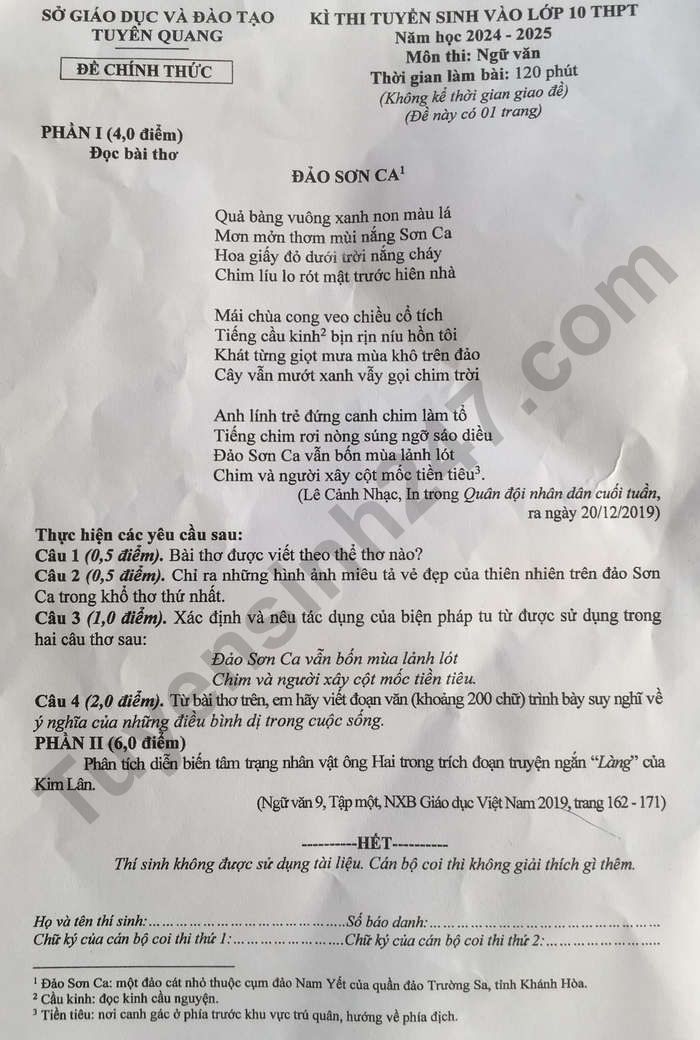 Dap an de thi vao lop 10 mon Van - Tuyen Quang 2024