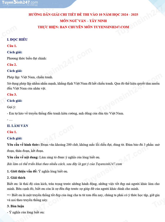 Dap an de thi vao lop 10 mon Van - Tay Ninh 2024