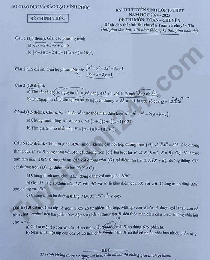 De thi vao lop 10 nam 2024 mon Toan chuyen - Vinh Phuc