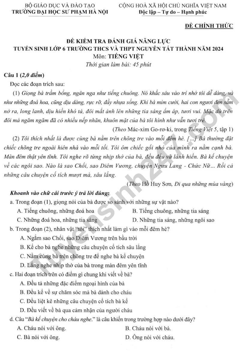 De thi vao lop 6 mon Tieng Viet 2024 - THCS&THPT Nguyen Tat Thanh