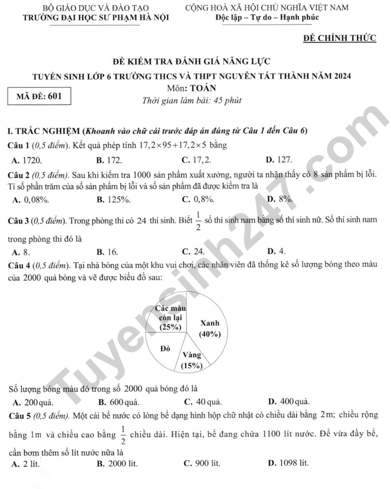 De thi vao lop 6 mon Toan - THCS&THPT Nguyen Tat Thanh 2024
