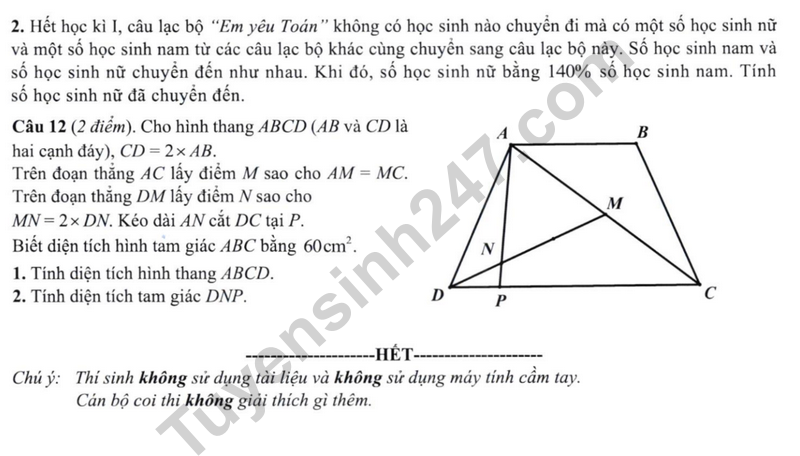De thi vao lop 6 mon Toan - THCS&THPT Nguyen Tat Thanh 2024