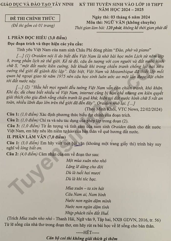 Dap an de thi vao lop 10 mon Van - Tay Ninh 2024