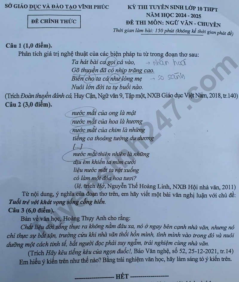 De thi vao lop 10 mon Van chuyen - Vinh Phuc 2024