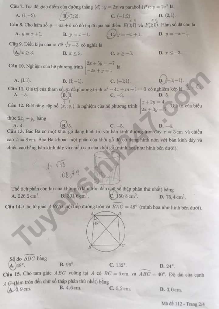 Dap an de thi vao lop 10 mon Toan 2024 - Can Tho