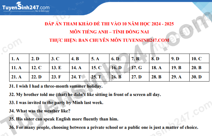 Dap an de thi vao lop 10 mon Anh - Dong Nai 2024