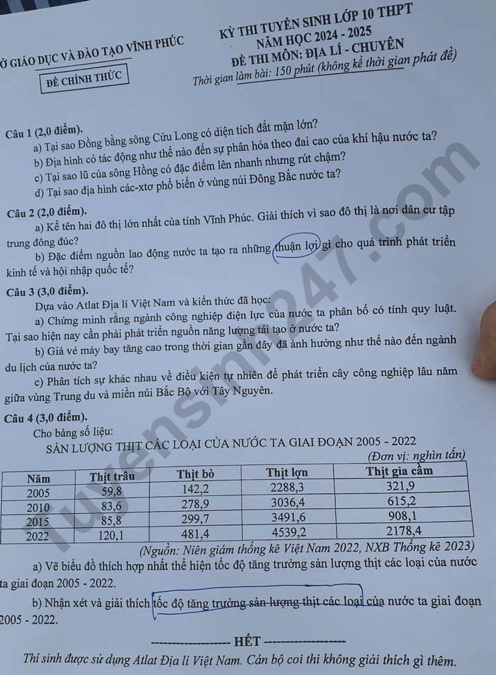 De thi vao lop 10 mon Dia chuyen 2024 - Vinh Phuc