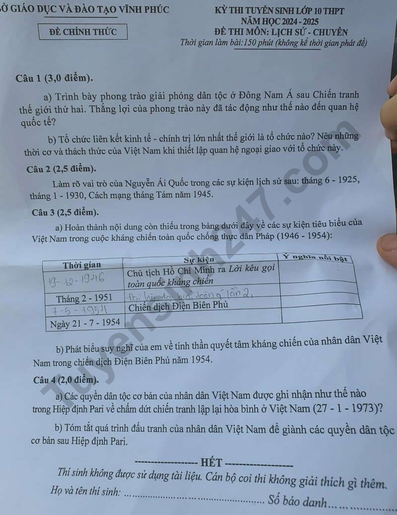 De thi vao lop 10 nam 2024 tinh Vinh Phuc - mon Su chuyen
