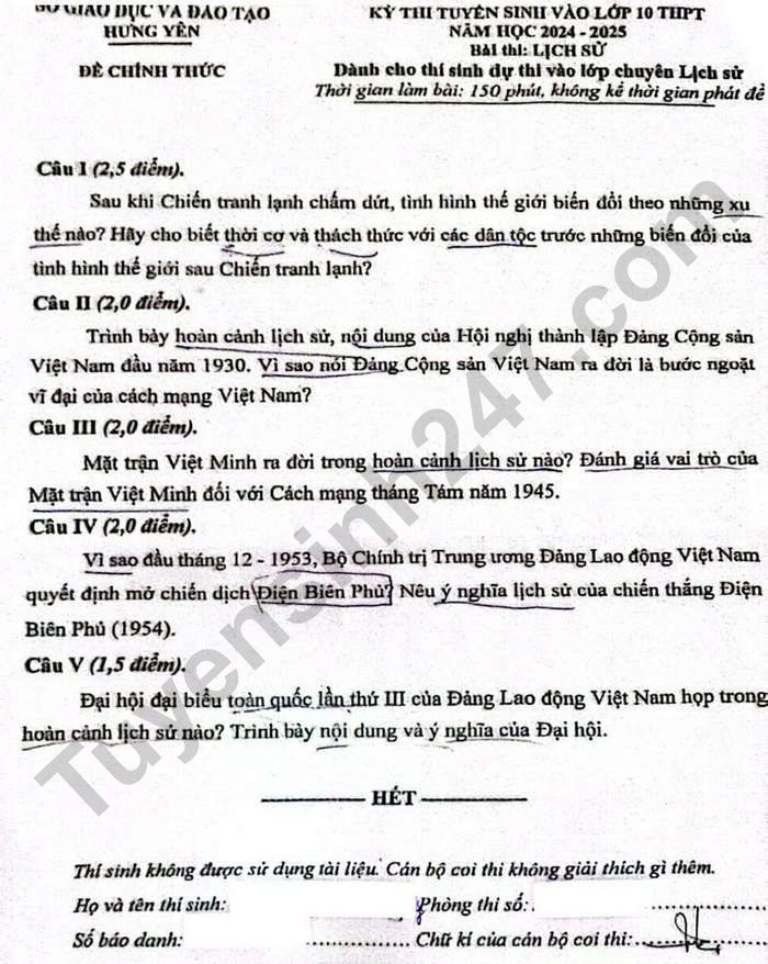 De thi vao lop 10 nam 2024 mon Su chuyen - Hung Yen