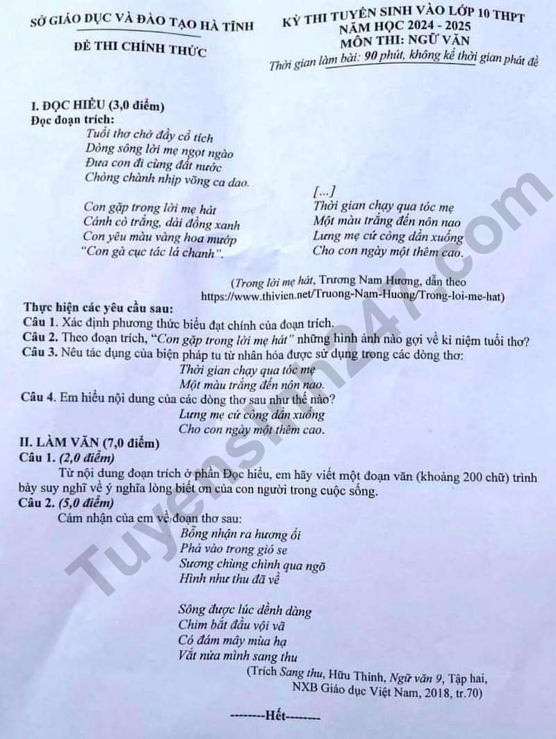 Dap an de thi vao lop 10 mon Van - Ha Tinh 2024