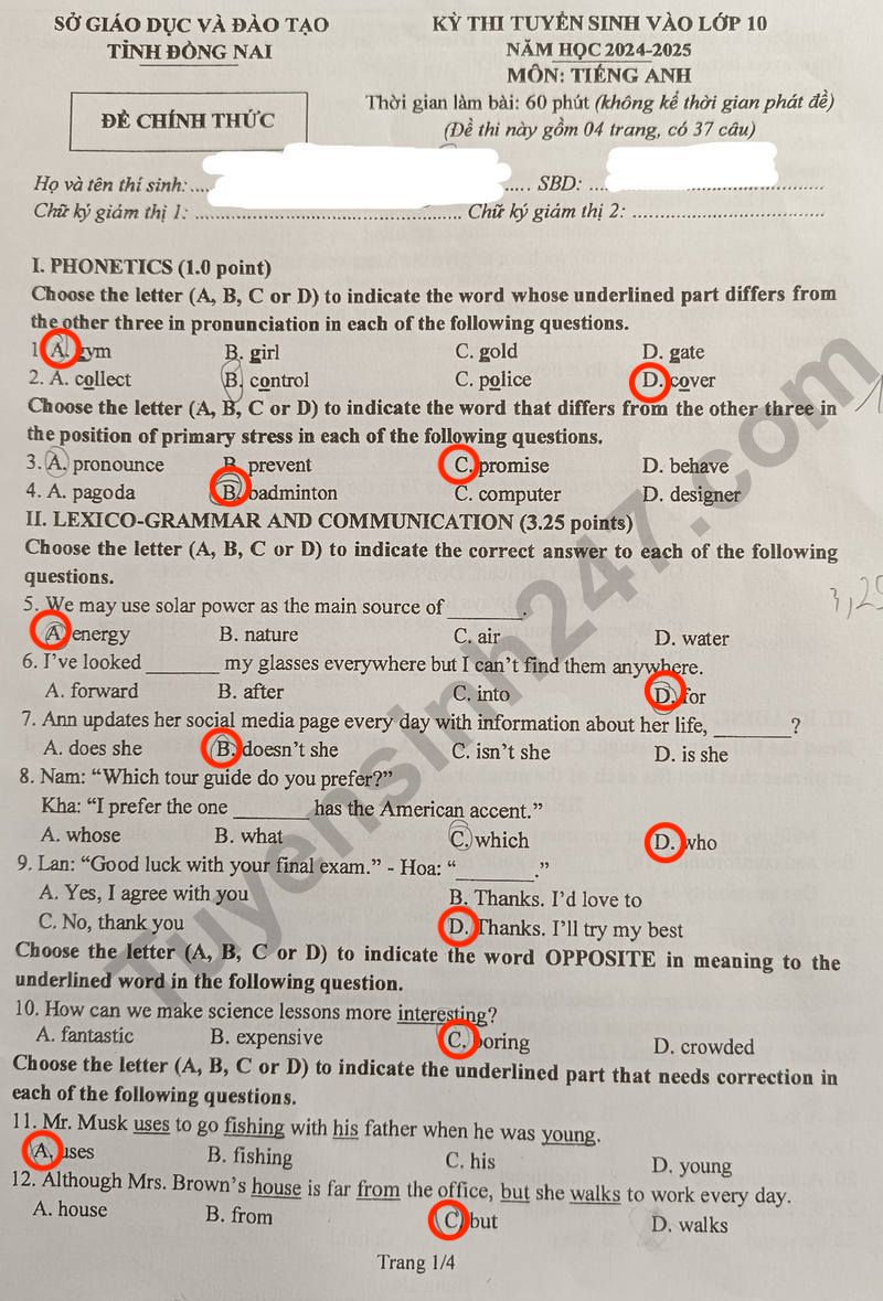 Dap an de thi vao lop 10 mon Anh - Dong Nai 2024