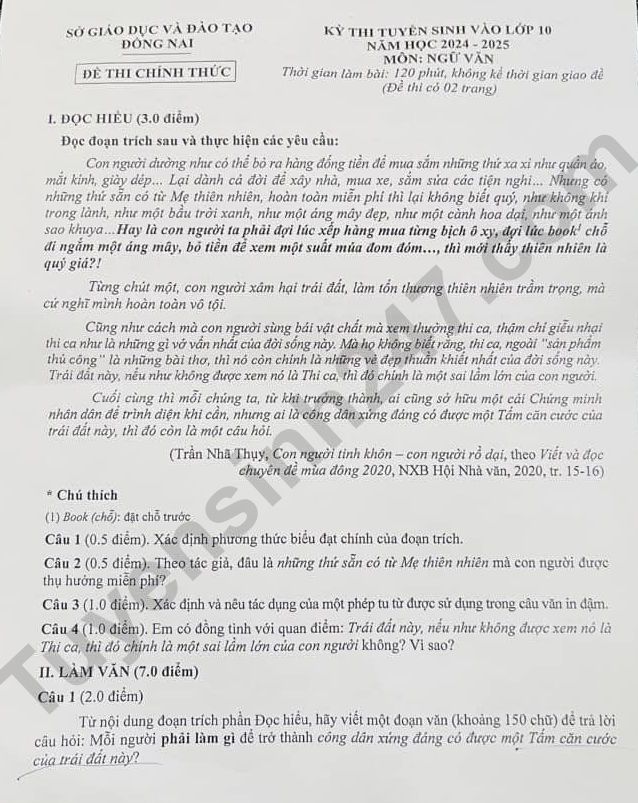 Dap an de thi vao lop 10 mon Van - Dong Nai 2024