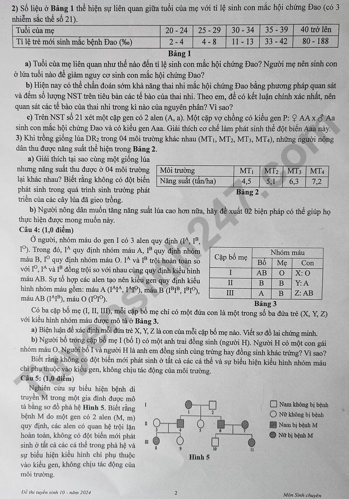 De thi vao lop 10 mon Sinh chuyen 2024 - Dong Nai