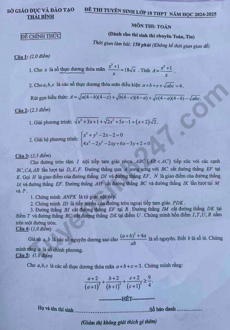 De thi vao lop 10 mon Toan chuyen - Thai Binh 2024