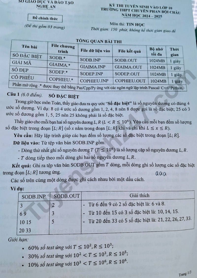 De thi vao lop 10 mon Tin chuyen Phan Boi Chau - Nghe An 2024