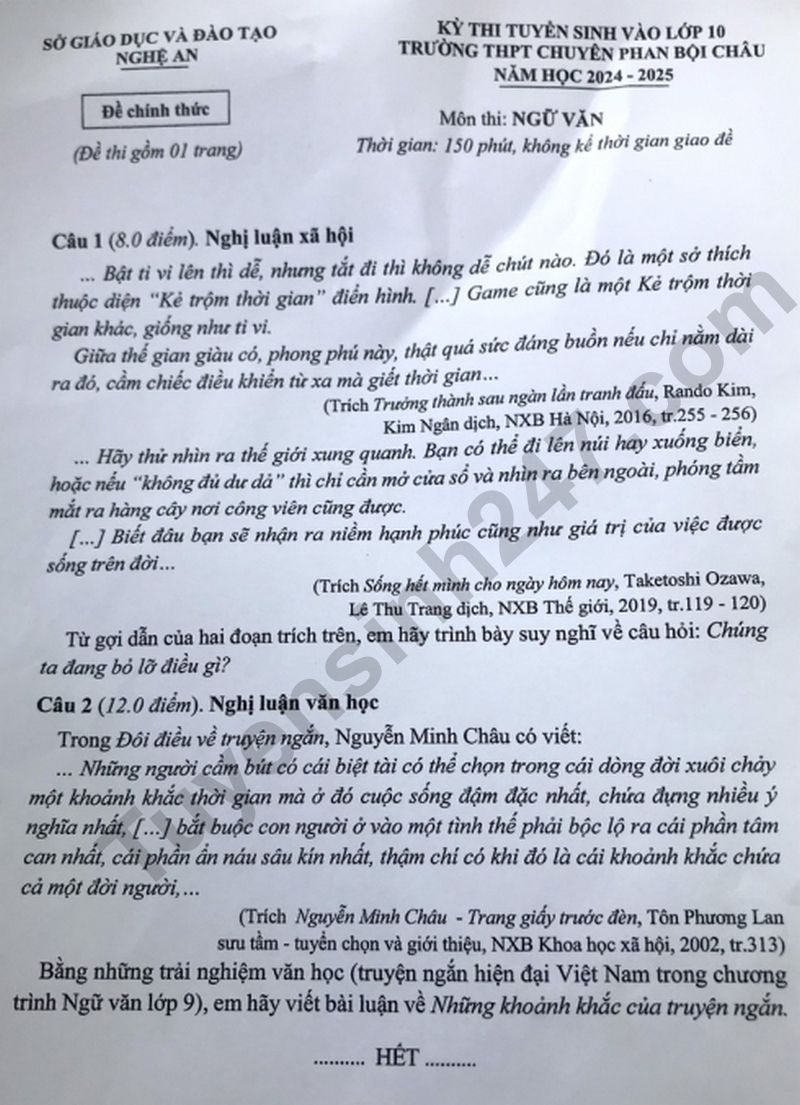 De thi vao lop 10 mon Van chuyen Phan Boi Chau 2024 - Nghe An