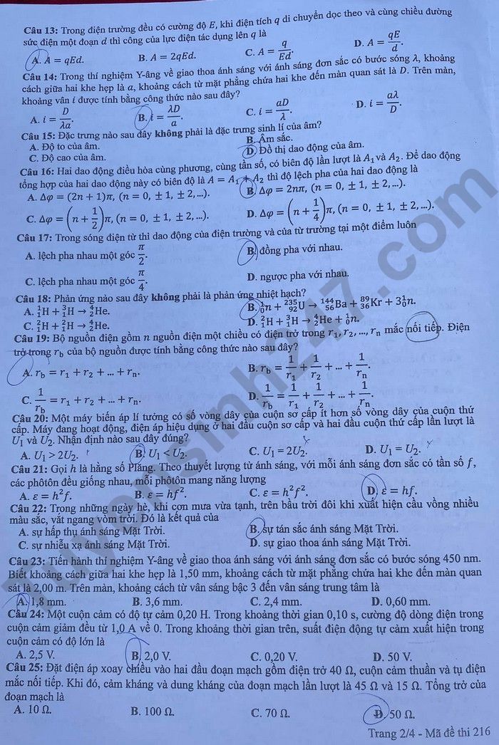 Dap an de thi mon Ly tot nghiep THPT 2024 ma de 216