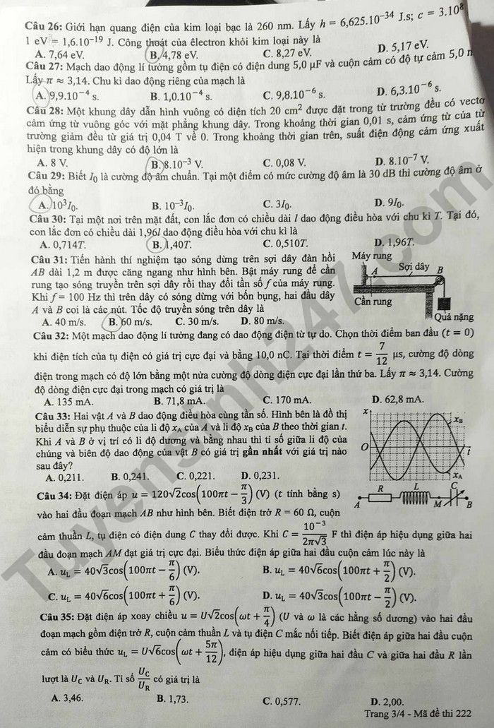 Dap an de thi tot nghiep THPT 2024 mon Ly - Ma de 222