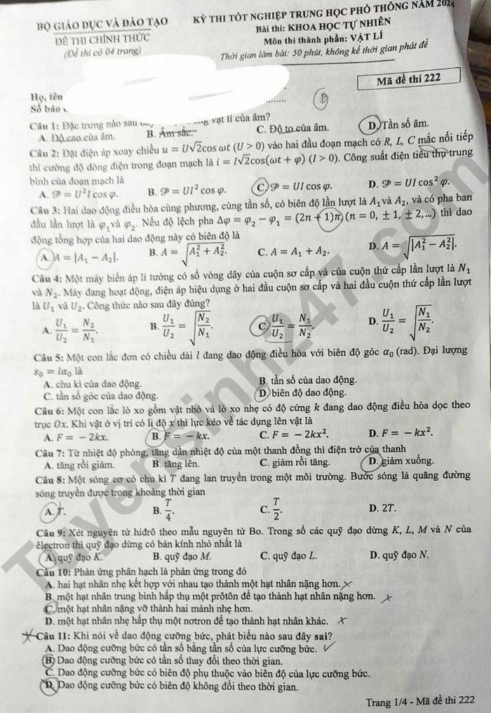 Dap an de thi tot nghiep THPT 2024 mon Ly - Ma de 222
