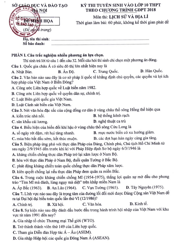 Ha Noi cong bo de minh hoa vao lop 10 nam 2025