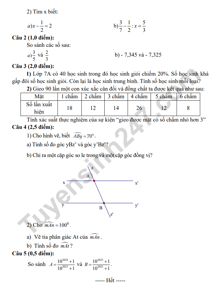 De khao sat lop 7 mon Toan 2024 - Cam Giang