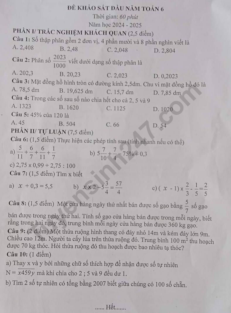 De KSCL dau nam mon Toan lop 6 nam 2024