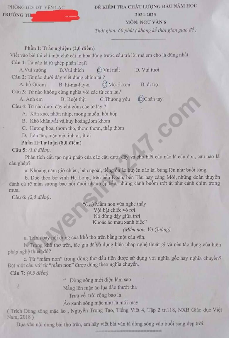 De khao sat dau nam lop 6 mon Van 2024