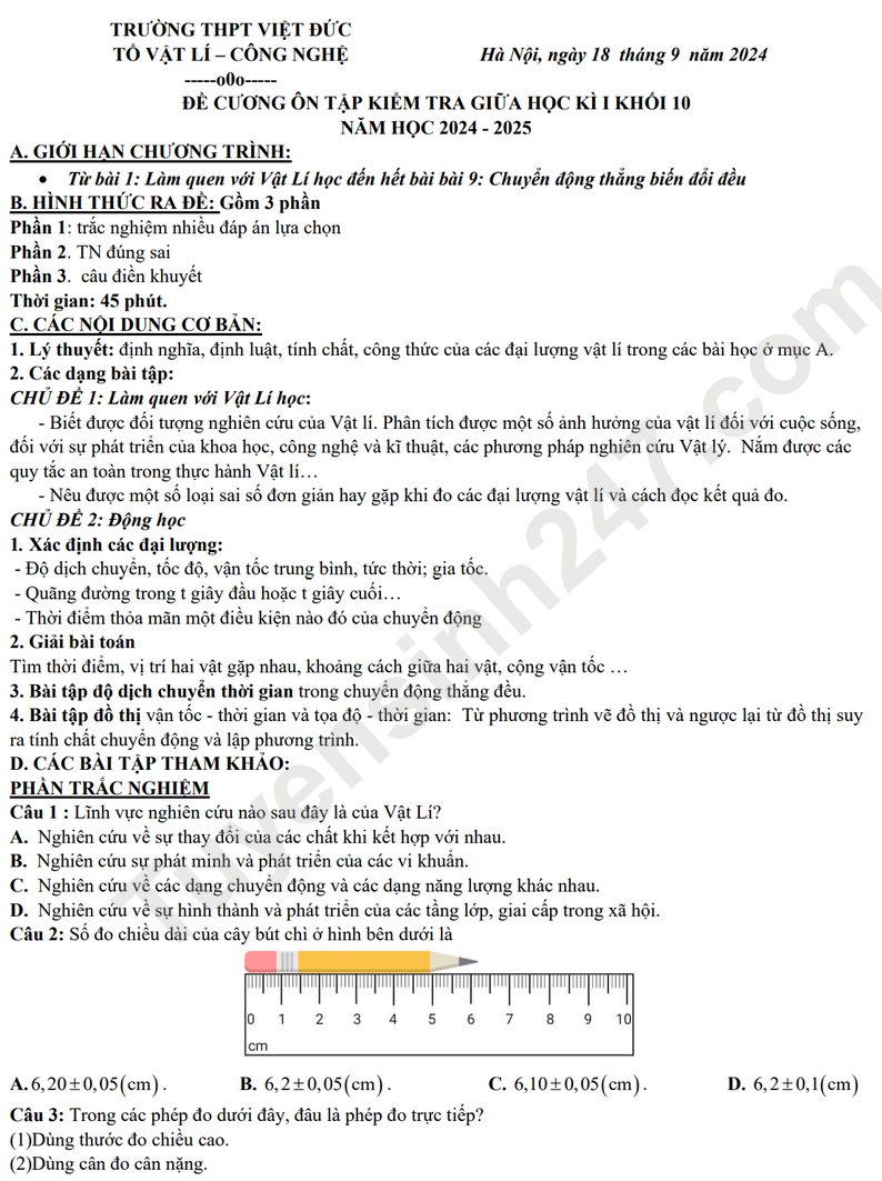 De cuong on tap giua HK1 lop 10 mon Ly - THPT Viet Duc 2025