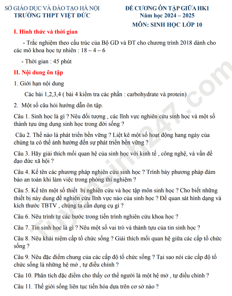 De cuong on tap giua hoc ky 1 mon Sinh lop 10 - THPT Viet Duc 2025