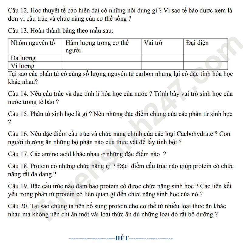 De cuong on tap giua hoc ky 1 mon Sinh lop 10 - THPT Viet Duc 2025