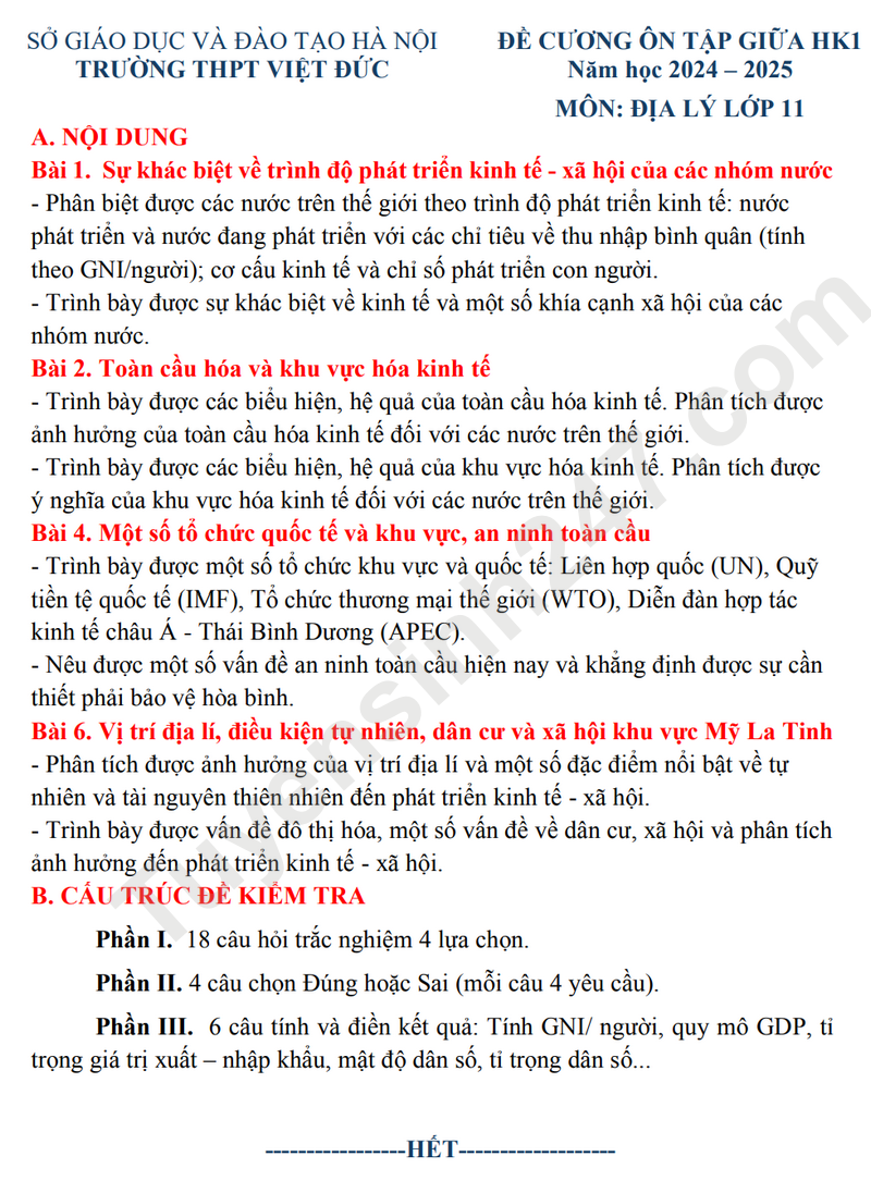 De cuong on tap giua HK1 mon Dia lop 11 - THPT Viet Duc 2025