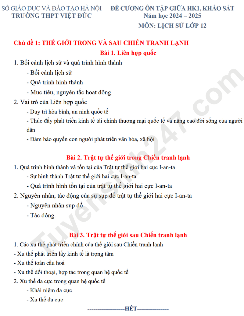 De cuong on tap giua HK1 lop 12 mon Su - THPT Viet Duc 2024