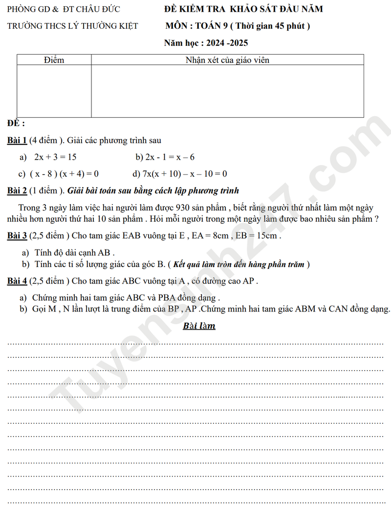 De KSCL lop 9 mon Toan 2024 - THCS Ly Thuong Kiet (Co dap an)