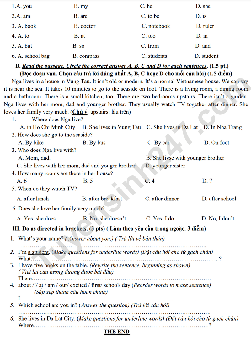 De KSCL mon Anh lop 6 - THCS Ly Thuong Kiet 2024 (Co dap an)