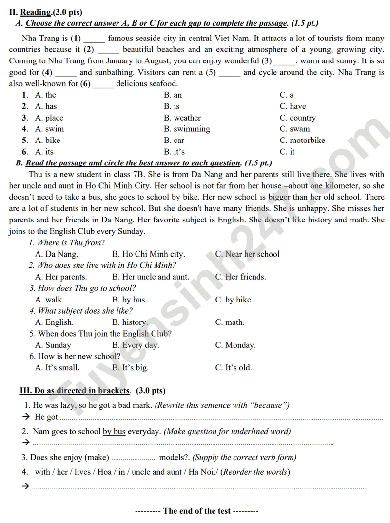 De KSCL lop 7 mon Anh 2024 - THCS Ly Thuong Kiet (Co dap an)