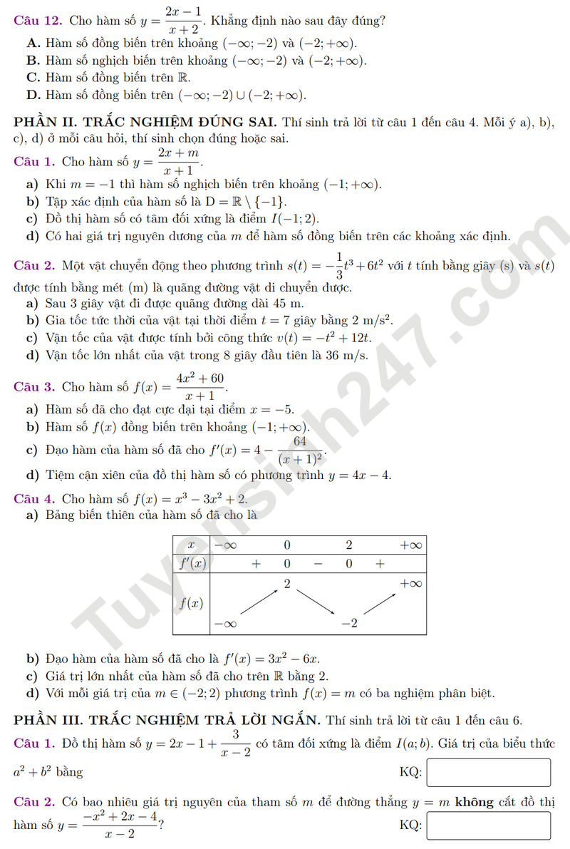 De kiem tra giua HK1 lop 12 Toan 2024 - THCS THPT Nguyen Binh Khiem