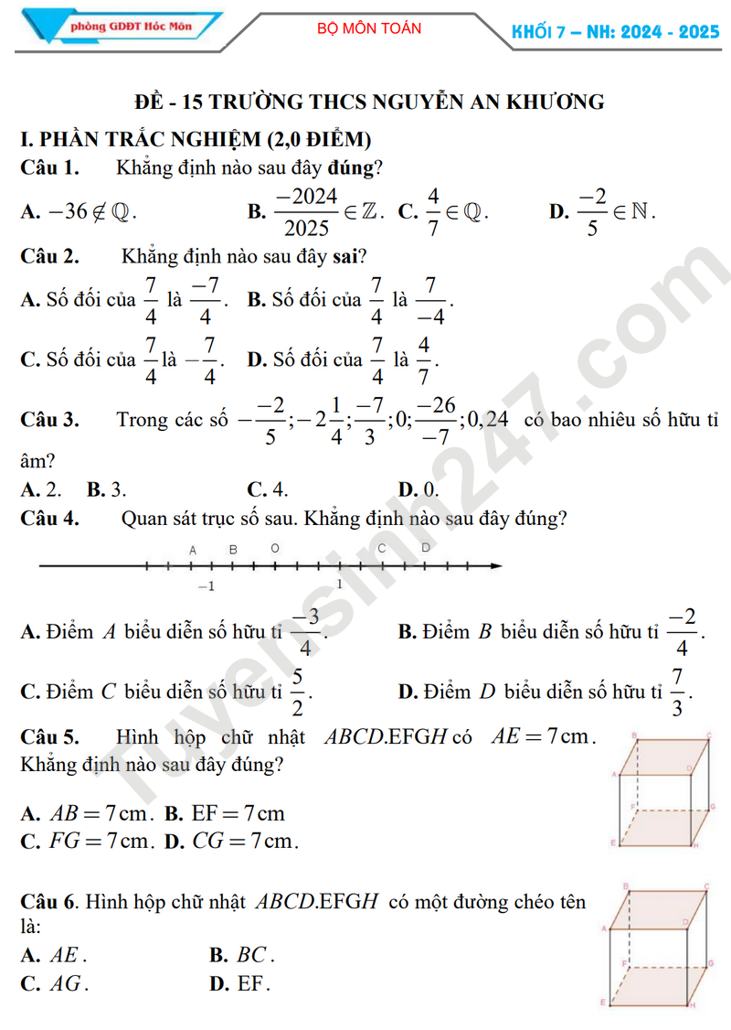 De thi giua HK1 lop 7 mon Toan 2024 - THCS Nguyen An Khuong (De minh hoa)