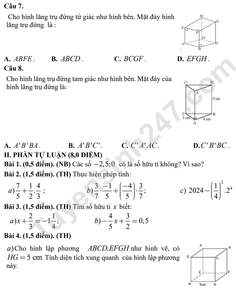 De thi giua HK1 Toan lop 7 - THCS Tam Dong 1 nam 2024 (De minh hoa)