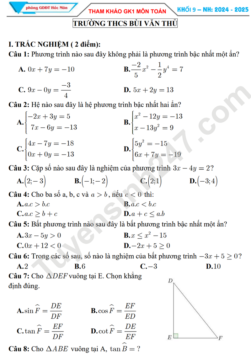 De thi giua HK1 mon Toan lop 9 nam 2024 - THCS Bui Van Thu (De minh hoa)
