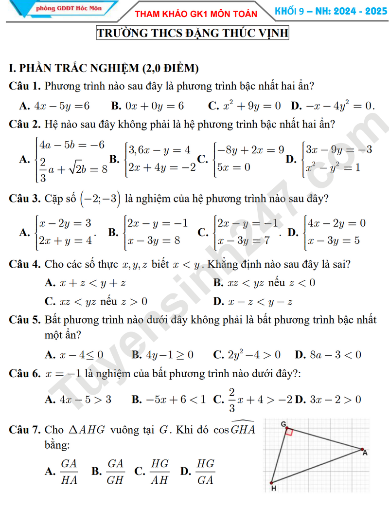 De thi giua HK1 lop 9 mon Toan - THCS Dang Thuc Vinh 2024 (De minh hoa)