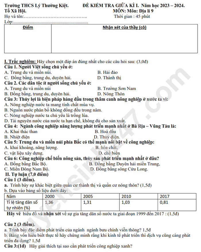 De thi giua ki 1 mon Dia lop 9 - THCS Ly Thuong Kiet 2024 (Co dap an)