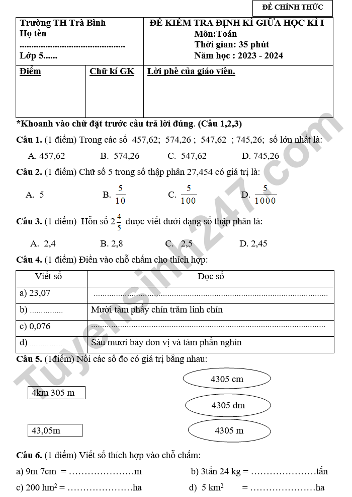 De thi giua ki 1 mon Toan lop 5 - TH Tra Binh 2024 (co dap an)