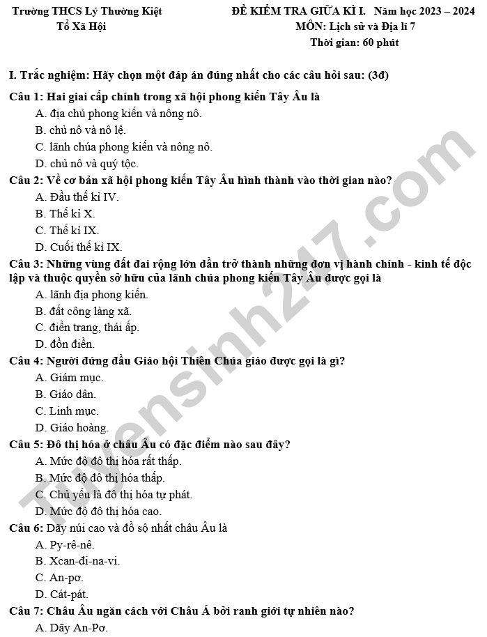De kiem tra giua ki 1 lop 7 THCS Ly Thuong Kiet 2024 - mon Lich su va Dia li (co dap an)