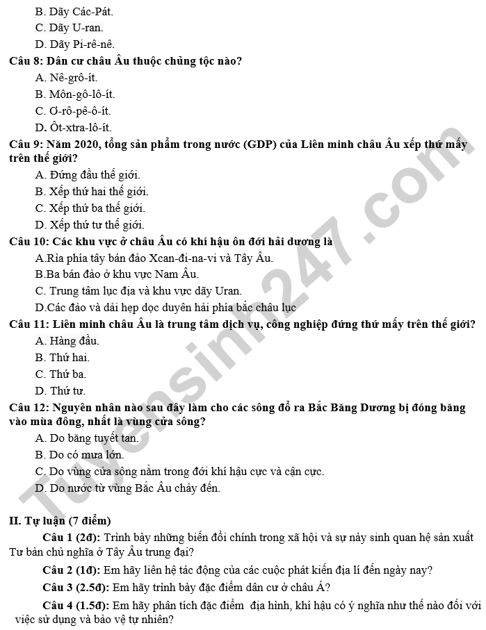 De kiem tra giua ki 1 lop 7 THCS Ly Thuong Kiet 2024 - mon Lich su va Dia li (co dap an)