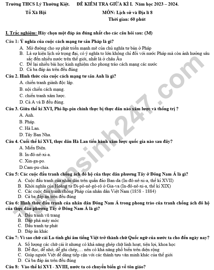 De thi giua ki 1 mon Lich su va Dia ly 8 - THCS Ly Thuong Kiet 2024 (co dap an)