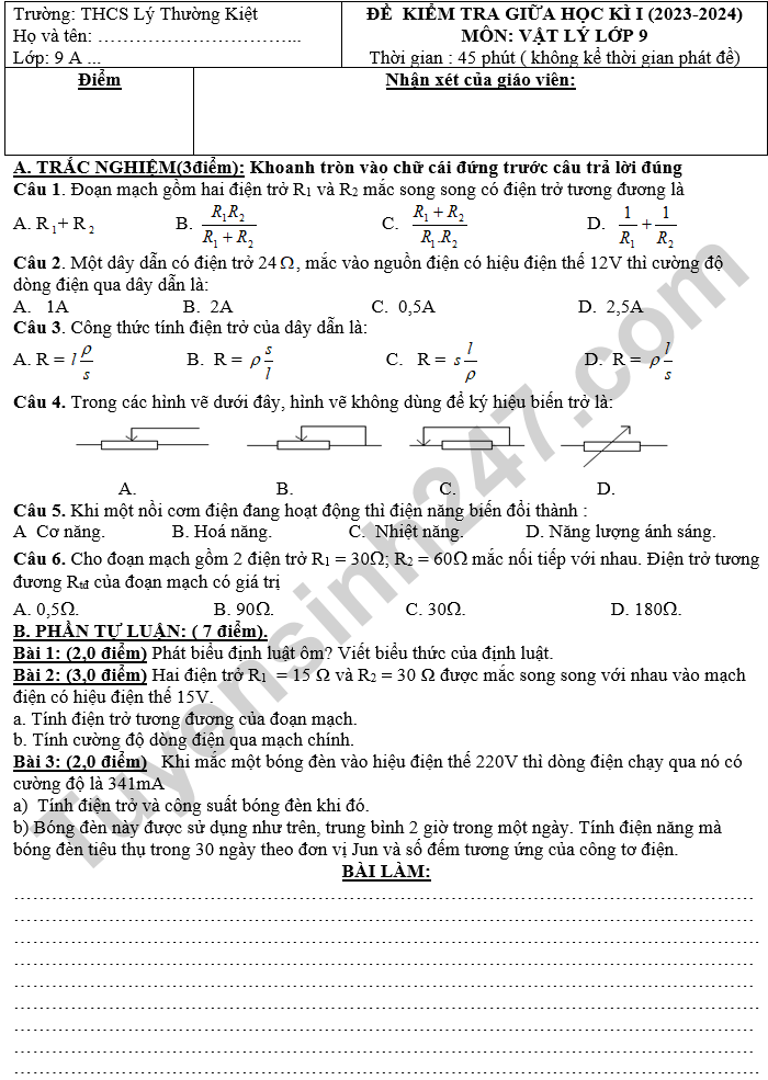 De thi giua ki 1 Ly 9 THCS Ly Thuong Kiet 2024 co dap an