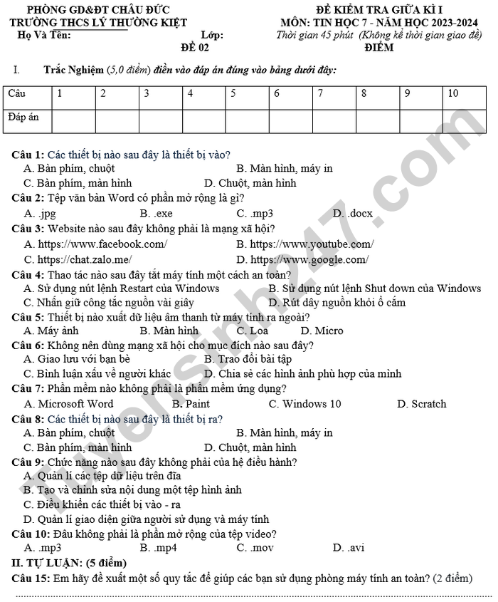 De thi giua hoc ki 1 THCS Ly Thuong Kiet 2024 - mon Tin lop 7 (co dap an)