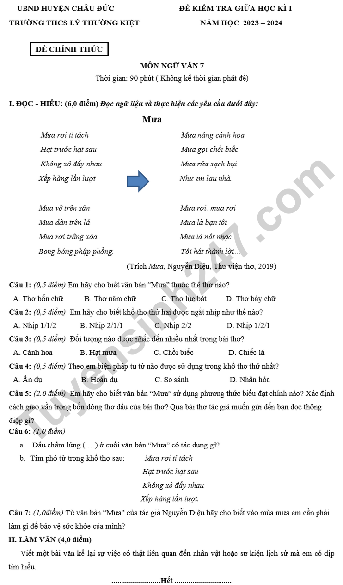 De thi giua hoc ki 1 lop 7 mon Van 2024 - THCS Ly Thuong Kiet (co dap an)