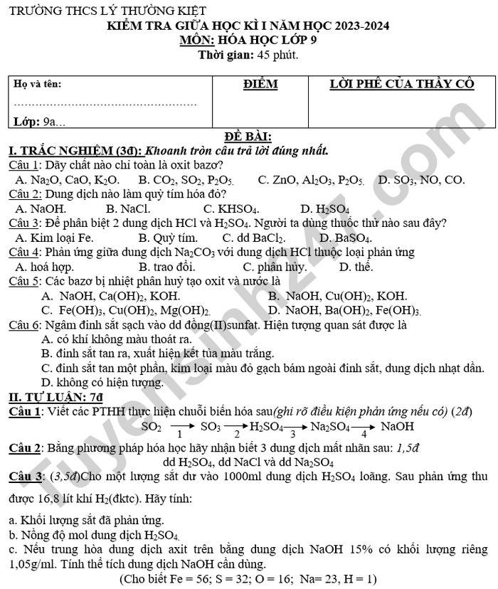 De thi giua ki 1 lop 9 THCS Ly Thuong Kiet 2024 - mon Hoa (co dap an)