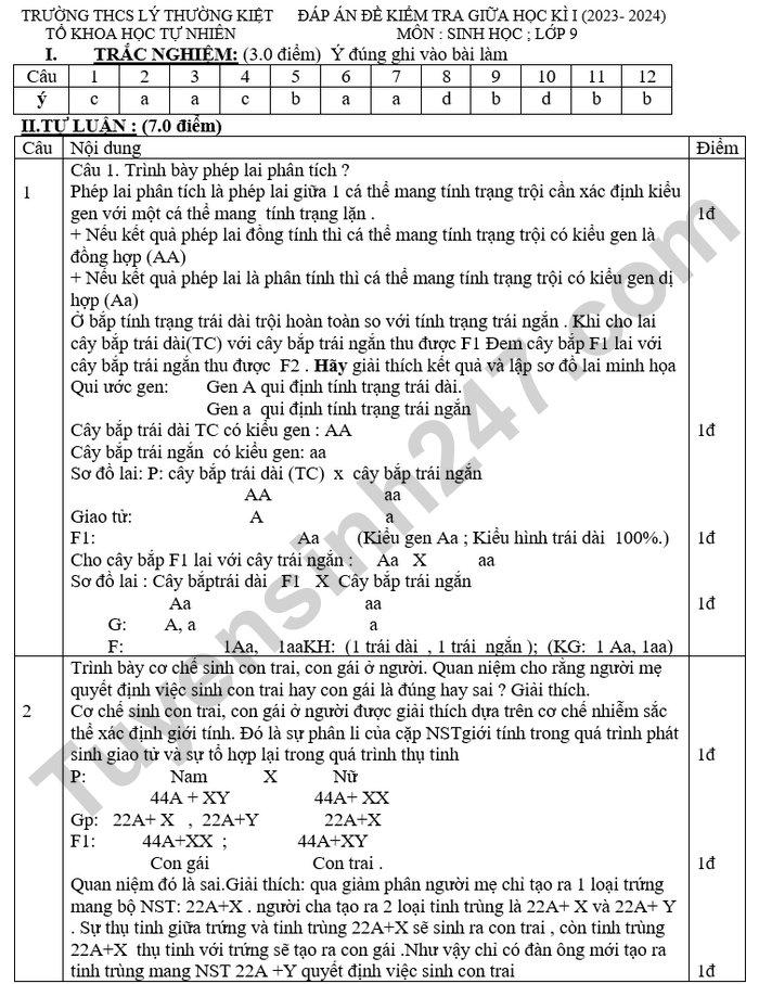 De thi giua hoc ki 1 mon Sinh 9 THCS Ly Thuong Kiet 2024 (co dap an)